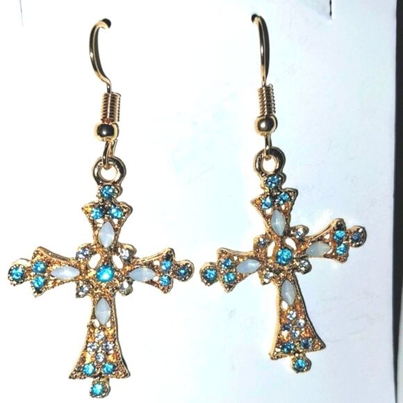 No Brand Jewelry - Elegant Gold and Blue Cross Earrings